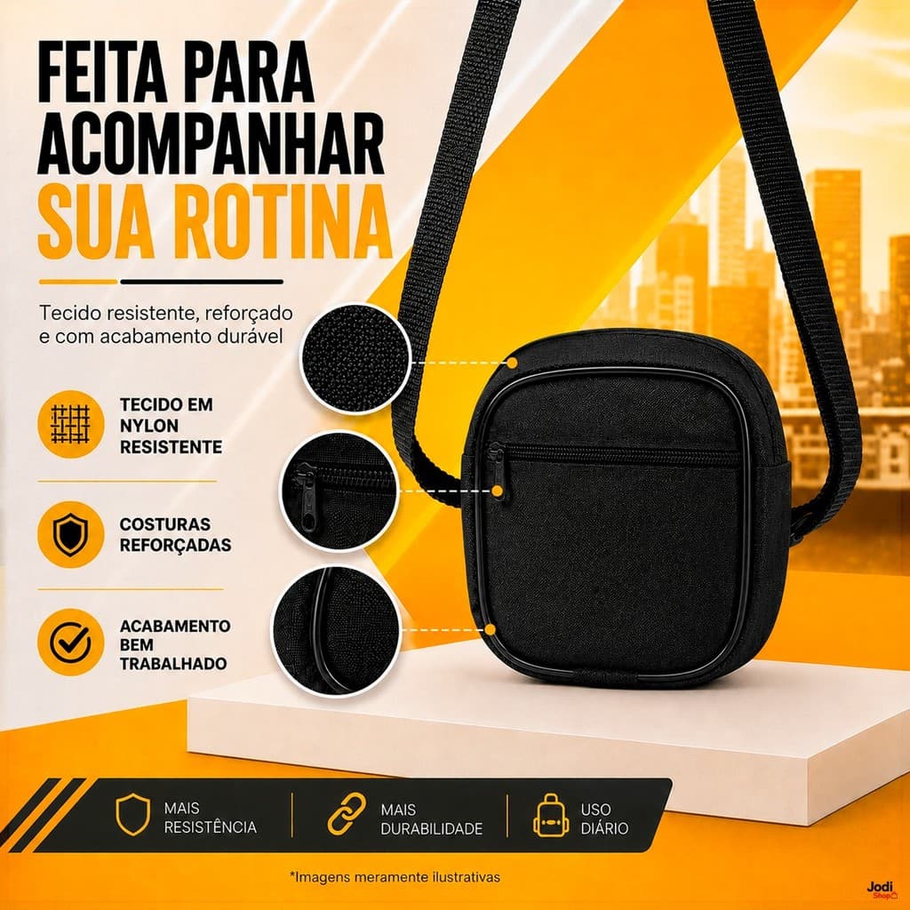 Bolsa Transversal Compacta em Nylon com Alça Ajustável e Bolsos com Zíper