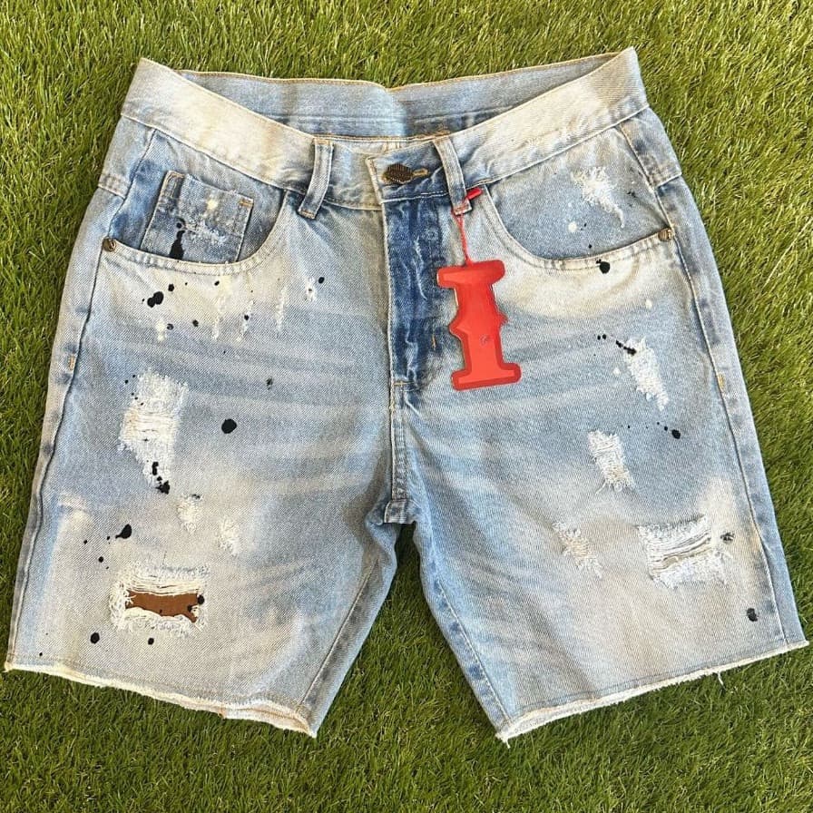 Bermuda Jeans Jogador Masculino Short Curto Premium Tradicional Pigmentada Respingo Tinta Destroi Slim