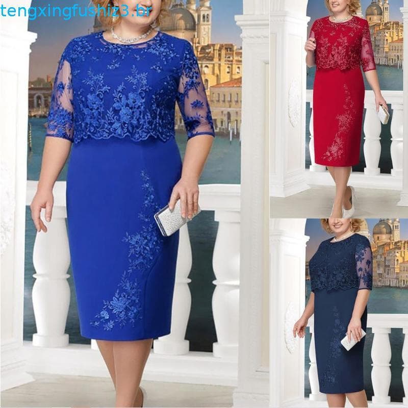 (Cherisp)Midi Feminino Plus Size De Renda Com Manga Curta Para Coquetel / Festa Noturna