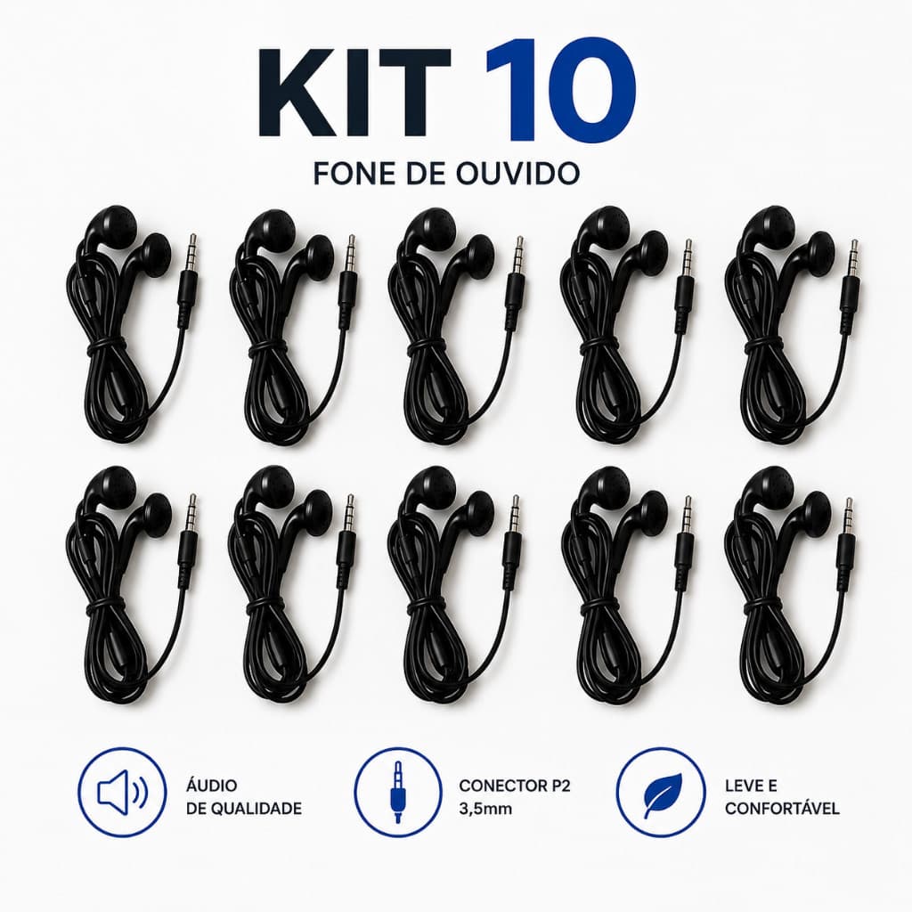 10x Fones de Ouvido no Kit Econômico – Modelo Intra Auricular com Cabo Resistente, Áudio Estéreo,