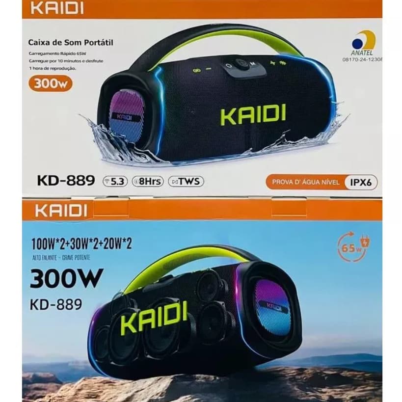 Caixa de Som KAIDI KD-889 IPX6 com Grave Potente e USB