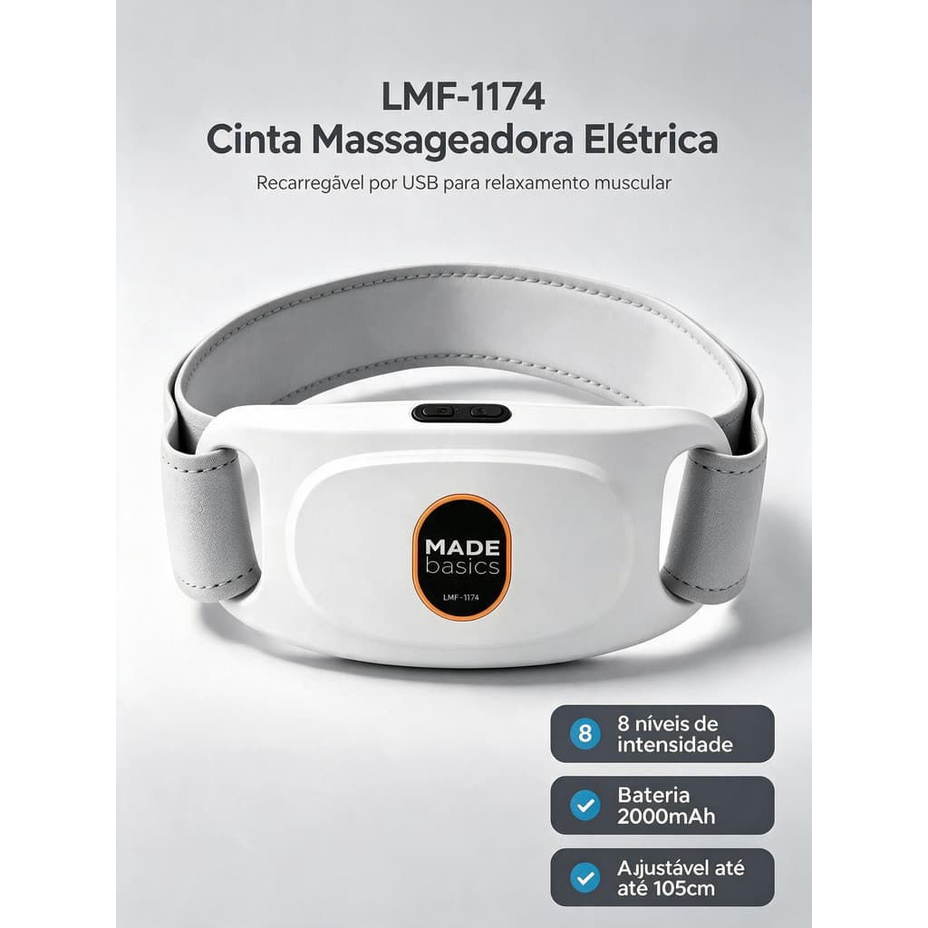 Cinta Massageadora Elétrica Abdominal Recarregável USB, 8 Níveis de Intensidade, Alívio de Fadiga, Cintura Até 105cm