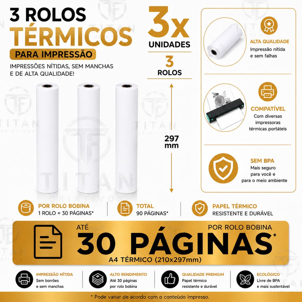 Kit 3 Bobinas Papel Térmico A4 Impressora Térmica Bluetooth