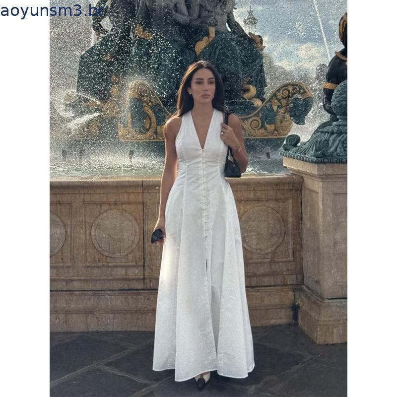 Vestido Maxi Feminino Elegante Sem Mangas, Decote em V, Fenda Frontal, Corte Evasê, Modelo Frente Única, Coleção 2026,