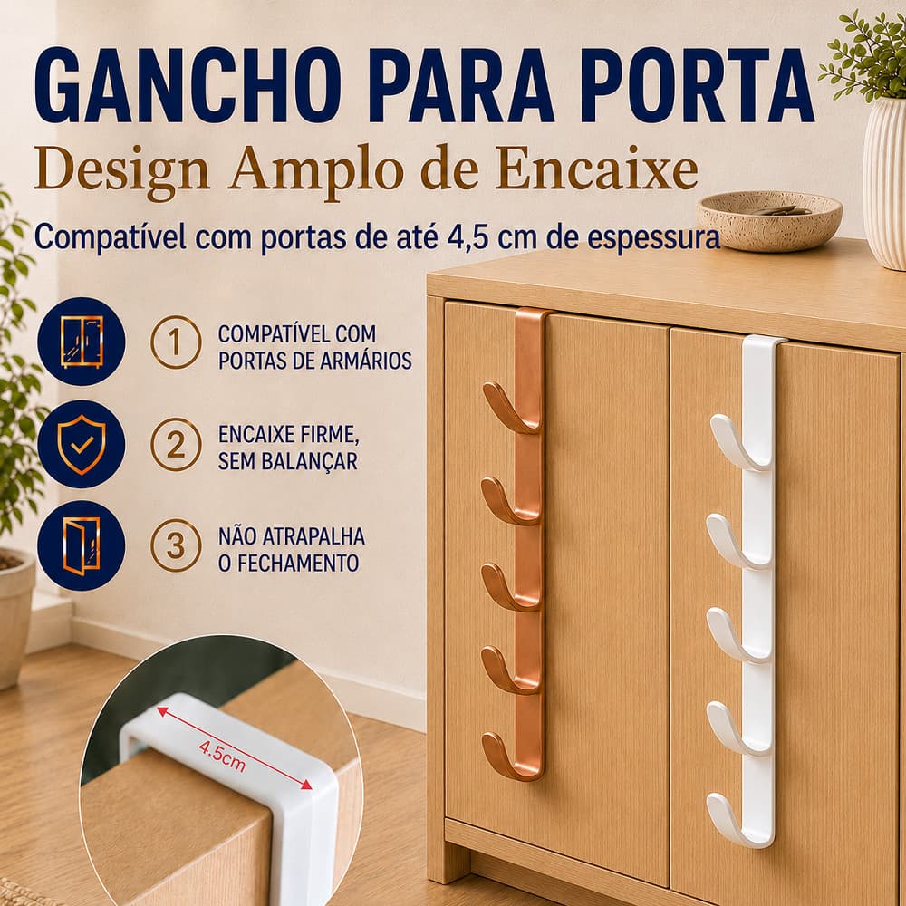 Suporte para Porta com 5 Ganchos Cabide Organizador Multiuso para Bolsas Chapéus Roupas Toalhas e Acessórios Casa