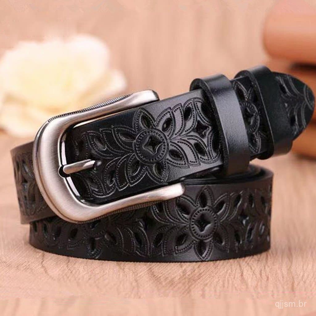 Cinto de Couro Brighthorvintage com Fivela de Pino e Detalhes Vazados para Mulheres
