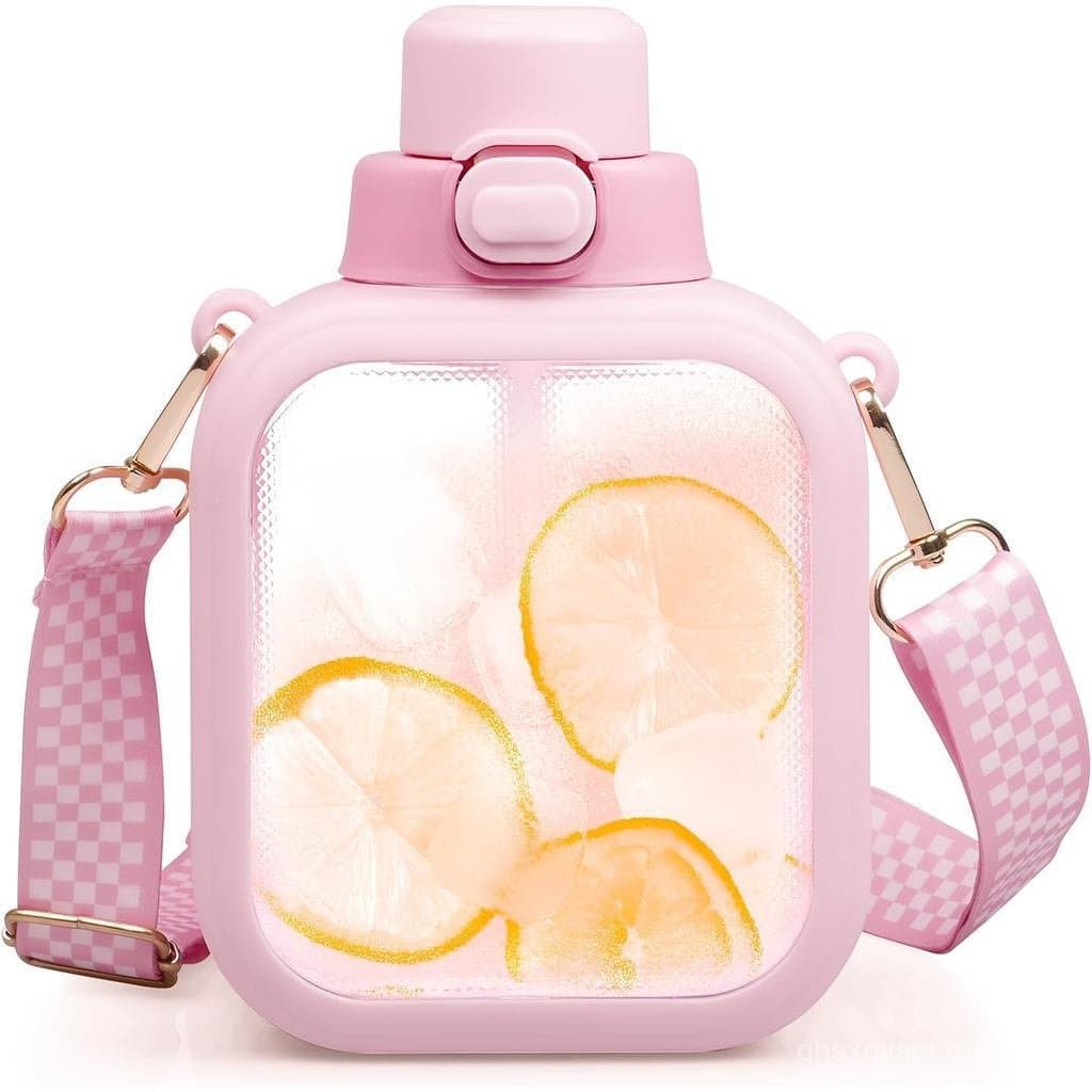 Garrafa de água fofa, 24 oz, garrafa de água quadrada kawaii, com canudo e alça ajustável, à prova de vazamentos, portát