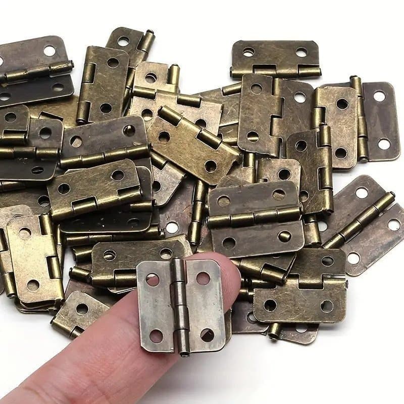 50 peças de dobradiças de ferro em acabamento bronze antigo, dourado e prateado, com 4 furos, ferragens duráveis para mó