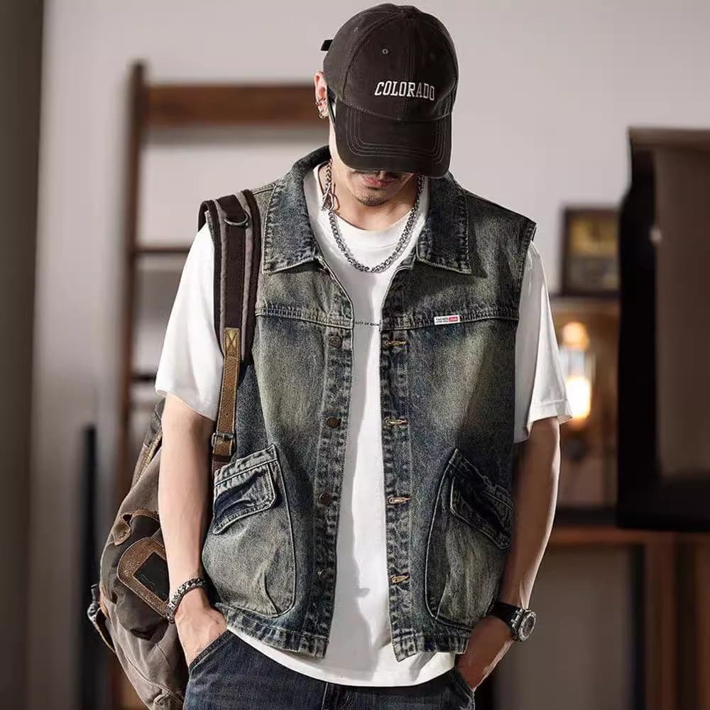 Primavera Denim colete masculino Retro nostálgico tamanho grande sem mangas colete ferramentas grande bolso colete jaque