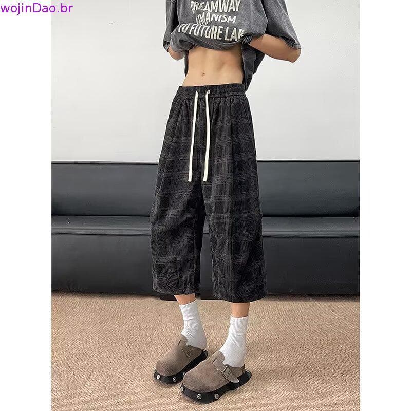 Calças cortadas de veludo meninos verão americano Retro plissado Drape solto xadrez Shorts casuais calças esportivas