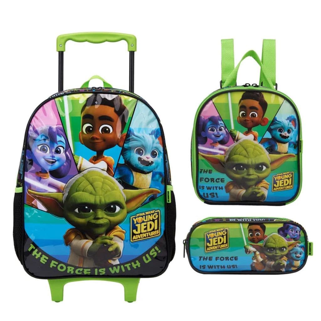 Kit Mochila Rodinha Lancheira Estojo Infantil Escolar Star Wars Young Jedi Yoda Xeryus 13600