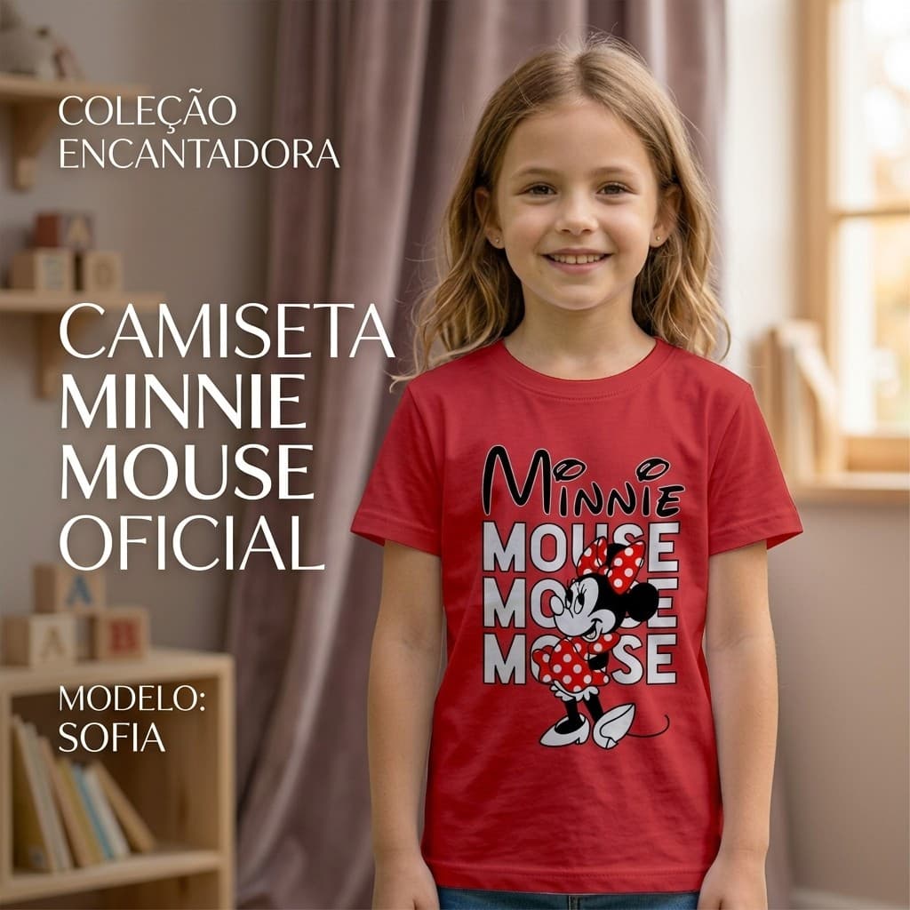 Camiseta Infantil Minnie Mouse Vermelha Menina Blusa Estampada Disney