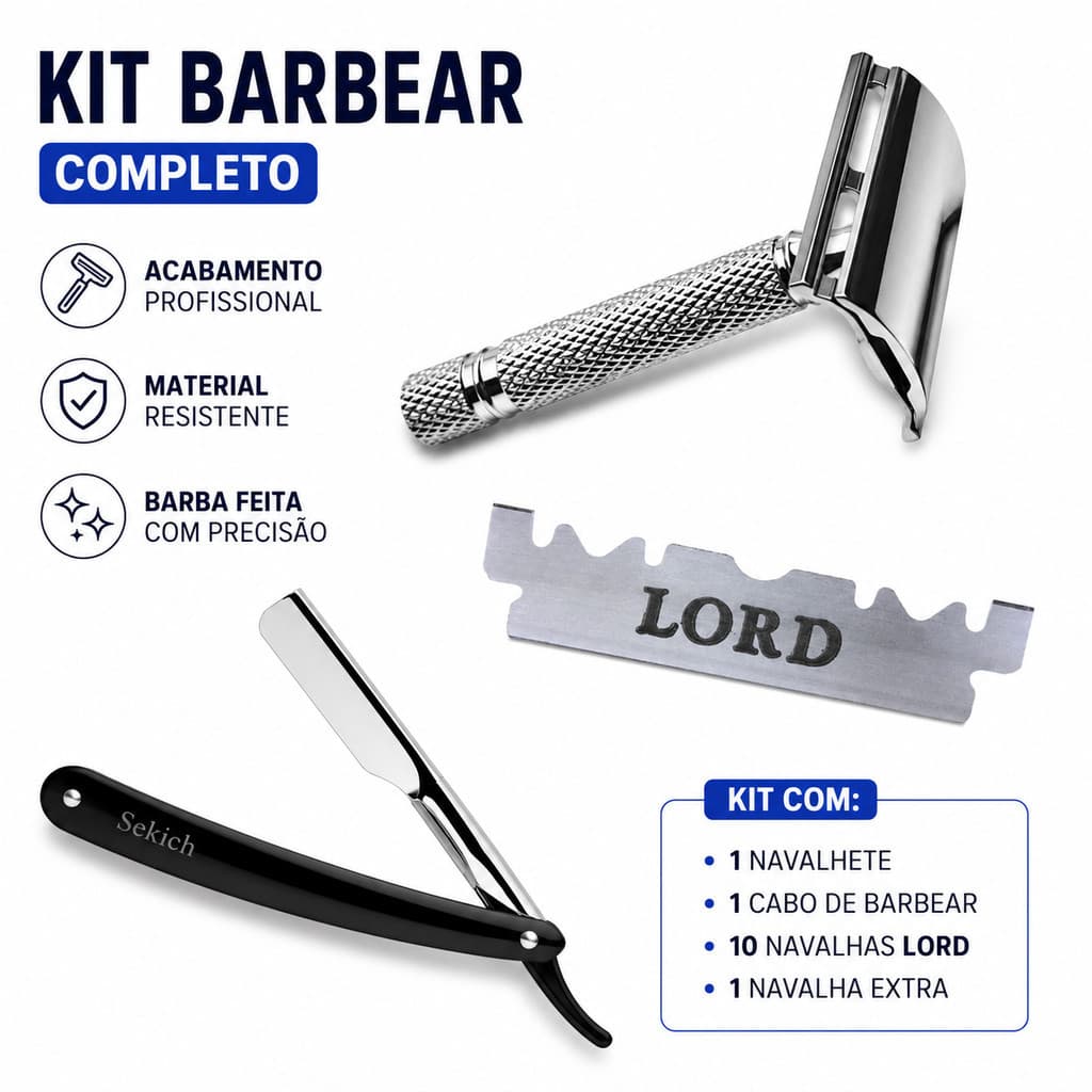 Kit Barbeiro Profissional Navalha Lord + Navalhete + Aparelho de Barbear + Lâminas Inclusas