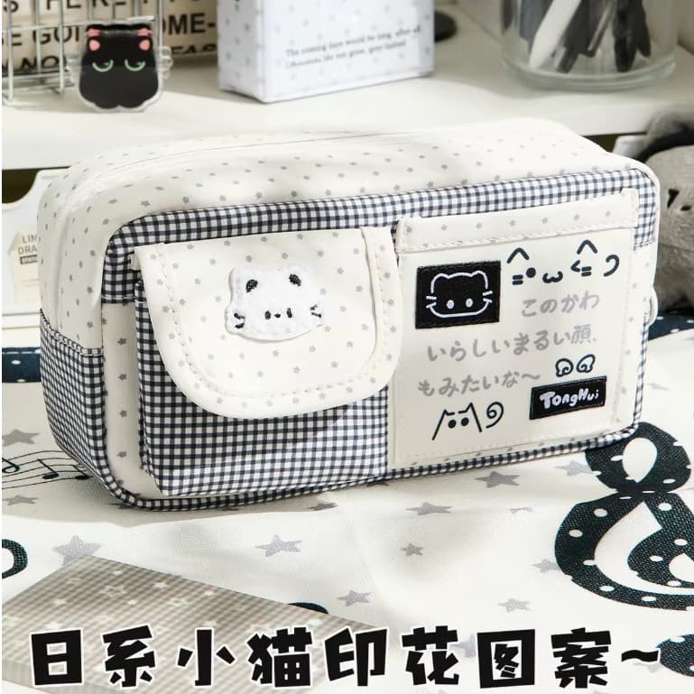 Estojo De Lápis De Grande Capacidade Emenda Xadrez Gatinho Caixa Multicamadas Papelaria Bordada De Desenho Animado Bolsa