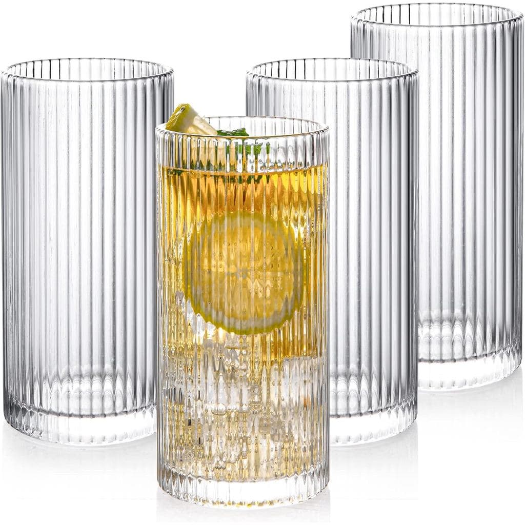 Copos de Vidro Estilo Origami, Conjunto de 4 Copos de Vidro, 12 oz, Copos de Vidro Canelados, Copos Highball, Elegantes