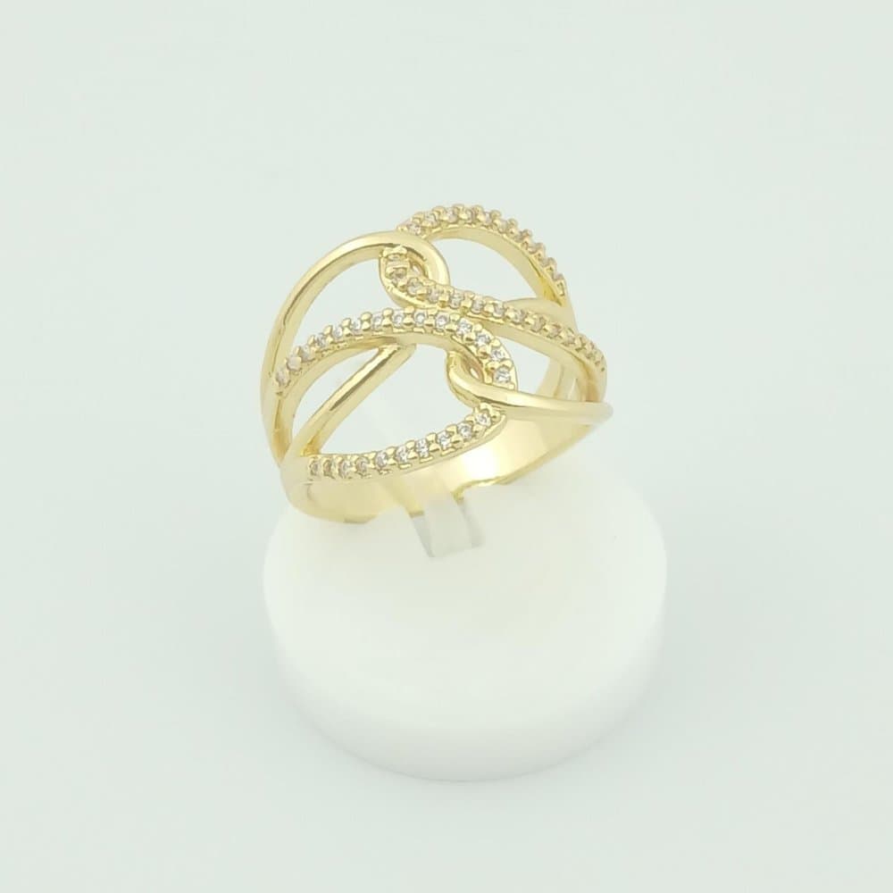 Anel Entrelaçado Vazado Cravejado Banhado a Ouro 18k 18