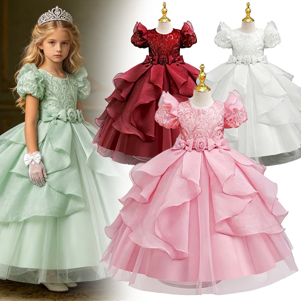 Novas Meninas Manga Puff Renda Princesa Vestido De Baile Plissado Formal Com 3D Rosa Arco Primeira Comunhão Concurso Fes