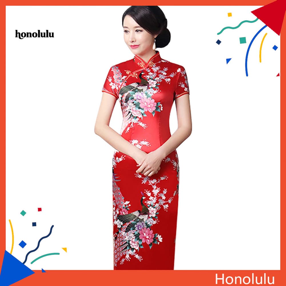 Hon * Pavão Estampado Feminino Chinês Longo Cheongsam Dama De Honra Vestido De Noite De Manga Curta