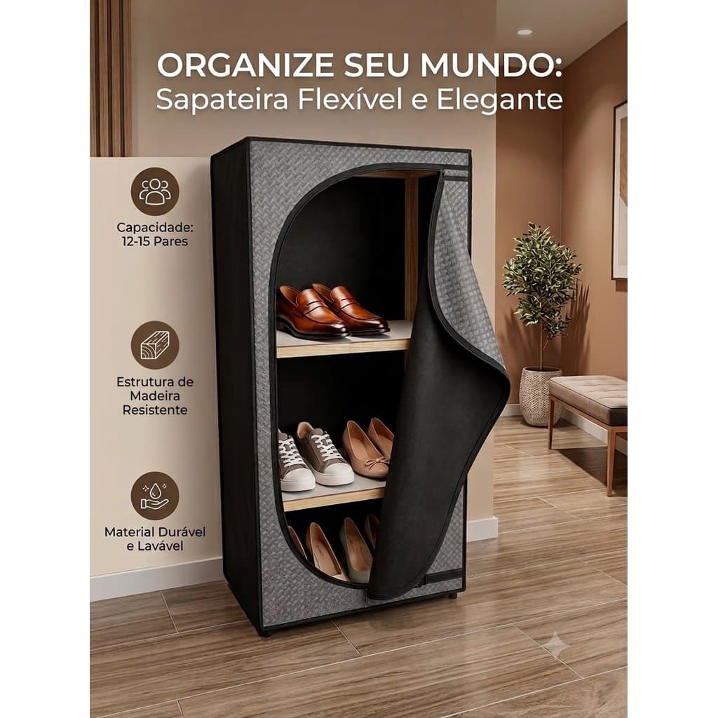 Sapateira Organizadora de sapatos media revestida em Madeira e corino