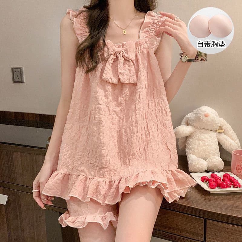 Conjunto De Pijama Feminino Sem Mangas Com Sutiã Embutido Lindo Laço Babado Textura Bolha Loungewear Su