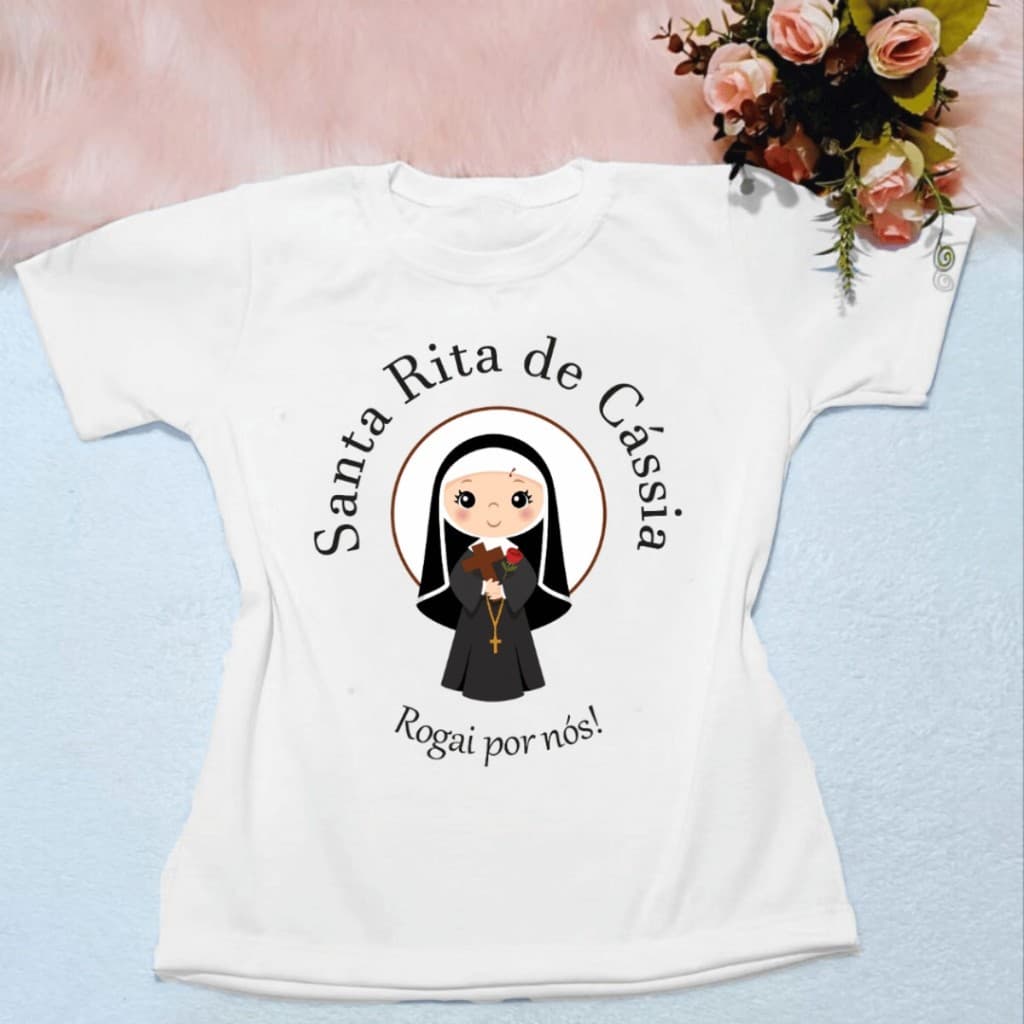 Camiseta Infantil Unissex Santa Rita de Cássia 100% Algodão Estampada Premium Confortável