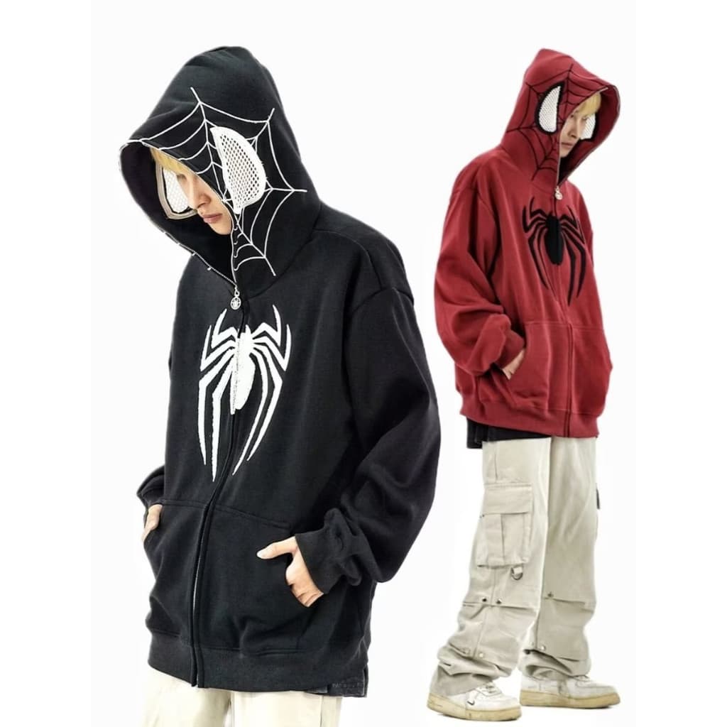 Moda americana masculina bordado Retro rua Casual Cardigan moletom Spiderman moletom com capuz casal moletom solto