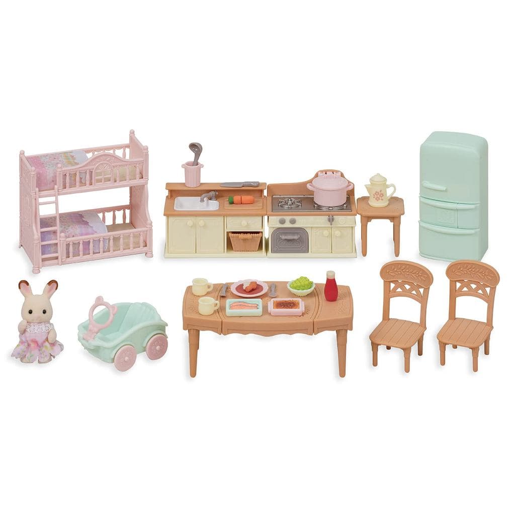 Conjunto de Móveis e Bonecas Sylvanian Families da EPOCH: Casa Grande com Telhado Vermelho - Conjunto de Cozinha - (S...