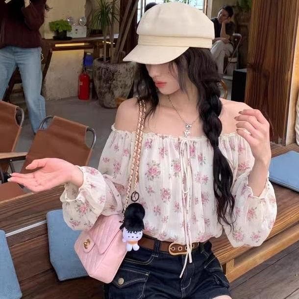 [Promoção por tempo limitado] Camiseta feminina de manga comprida Floral com cordão de um ombro verão novo estilo estilo