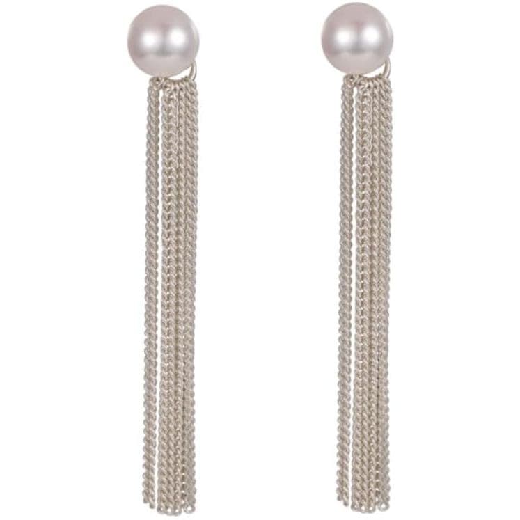Brincos Elegantes com Pérolas e Franjas em Ouro 18K – Brincos Pendentes com Corrente de Prata para Mulheres E1RF