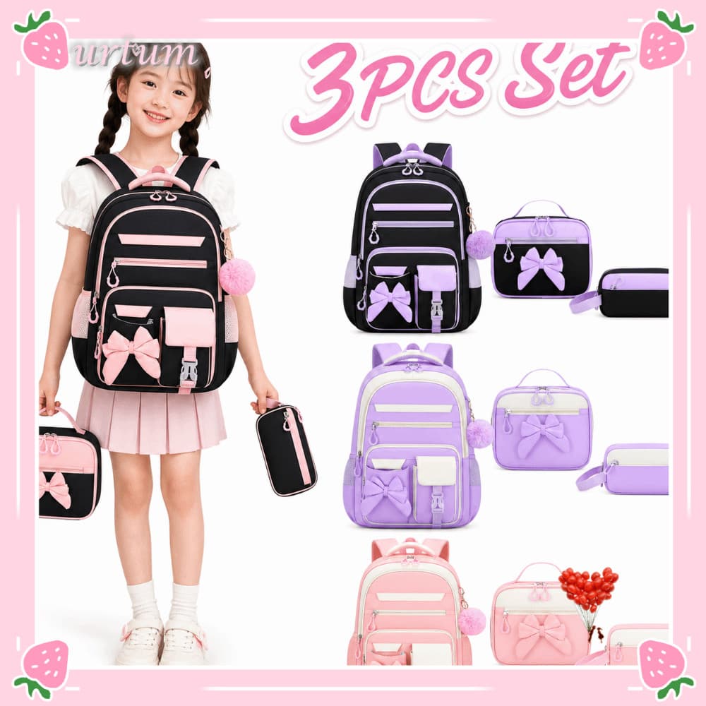 Mochila URTUM 3 Peças , Lancheira , Conjunto De Lápis Escolar Com Laço À Prova D'água De Desenho Animado , Grande Capaci