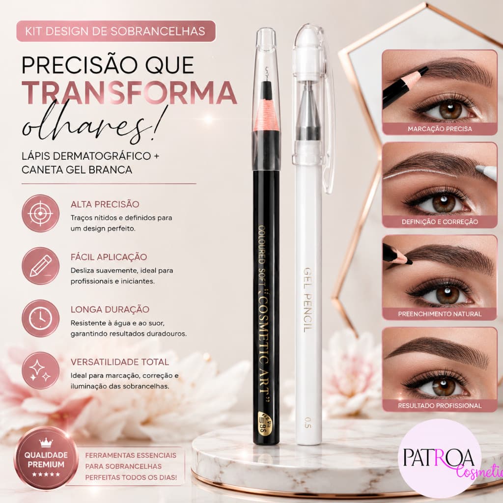 Lápis Dermatográfico + Caneta Gel Branca Kit Design de Sobrancelhas