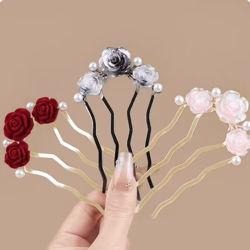 Novo estilo chinês vermelho rosa pérola hairpin quatro dentes hairpin estilo chinês hairpin nupcial Cheongsam hairpin