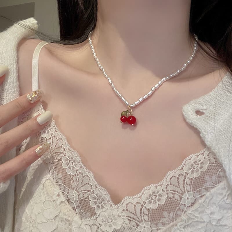 Doce Vermelho Cereja Colar Moda Pérola Gargantilha Acessórios Jóias Para Mulher