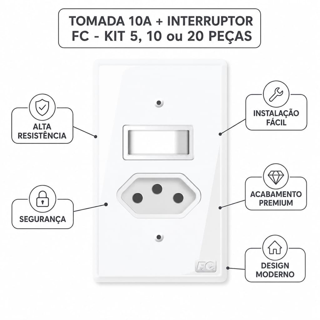 Tomada 10A + Interruptor FC Kit 5 10 ou 20 Peças