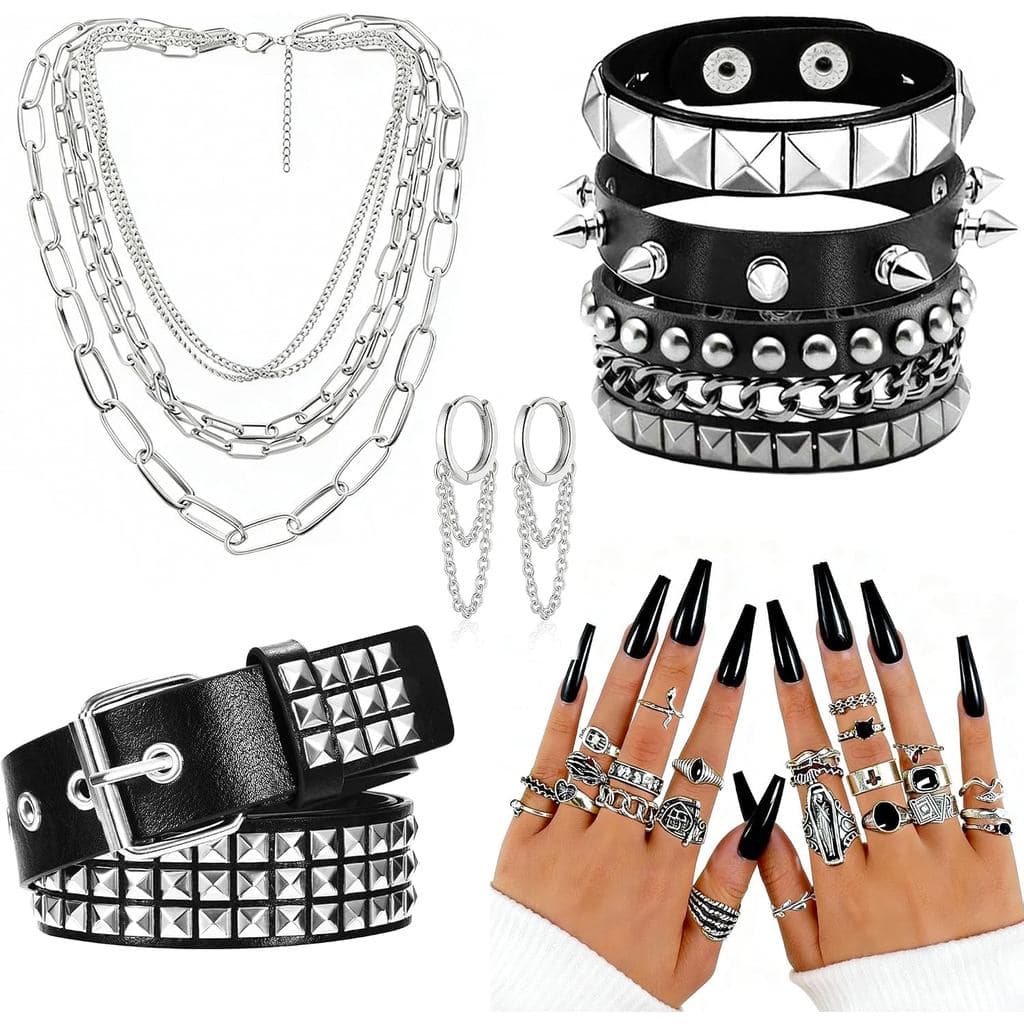 31 Pçs Conjunto De Traje Punk Para Mulheres Goth Emo Y2k Rock Ajustável Festa De Halloween Acessórios