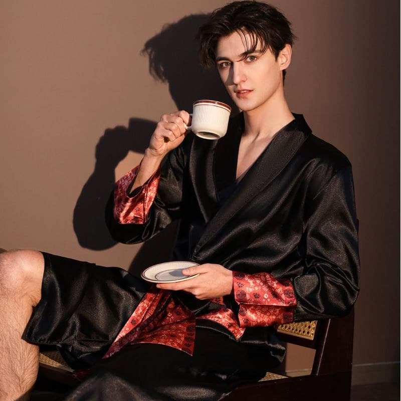 Camisola masculina de seda gelada 2026 primavera outono fina manga comprida roupão longo