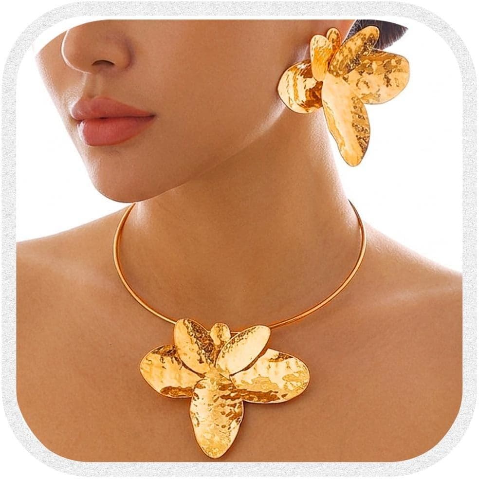 Conjunto de Joias Brishow Gold Flower: Colar e Brincos de Casamento, Gargantilha Floral para Noivas