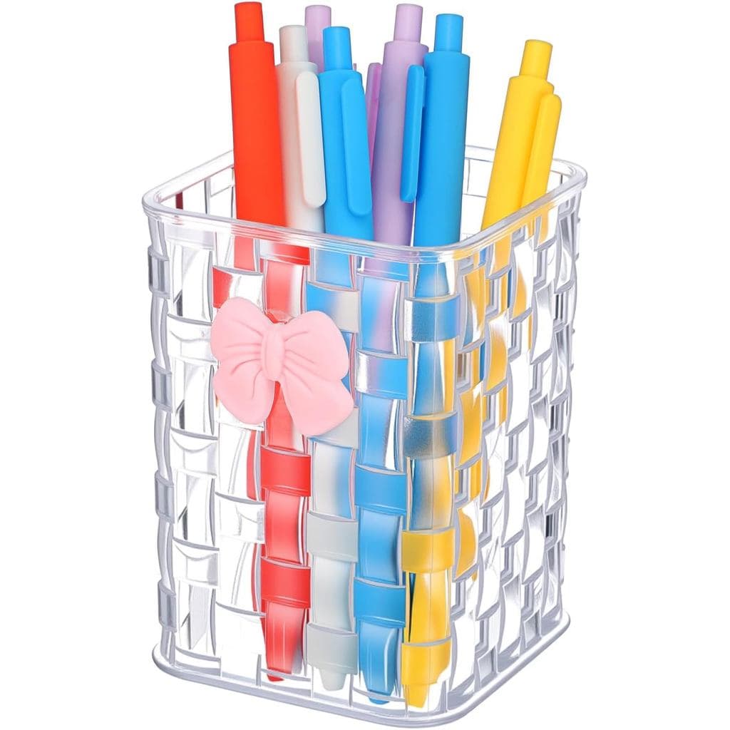 Porta-canetas de acrílico para mesa, porta-pincéis de maquiagem transparente com textura trançada e laço, elegante porta