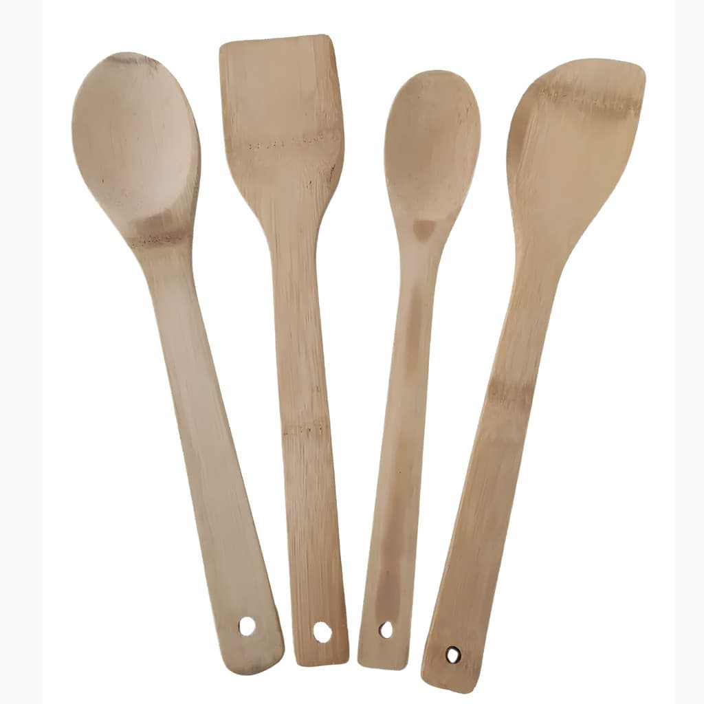 Kit Utensílios de Cozinha em Bambu 4 Peças Colher Espátula 30cm Antiaderente Resistente Ecológico