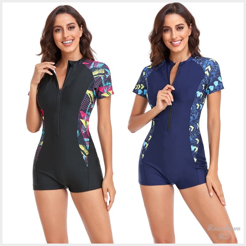 RS |   Maiô feminino de manga curta com zíper/Maiô de praia feminino/roupa de banho/maiô de natação/roupa de praia/taman
