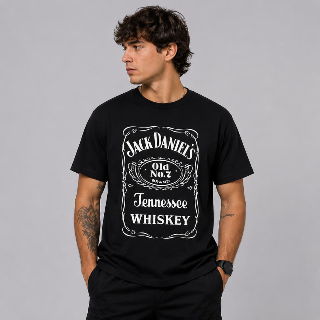 Camiseta Masculina Preta/Branca Estampa Whisky Manga Curta Casual Streetwear Jackie Daniel