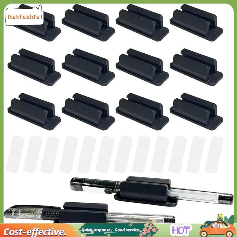 12pçs Suportes De Caneta De Silicone , Suporte Adesivo Portátil Lápis Marcador Clipe De Montagem Fácil Instalação Preto