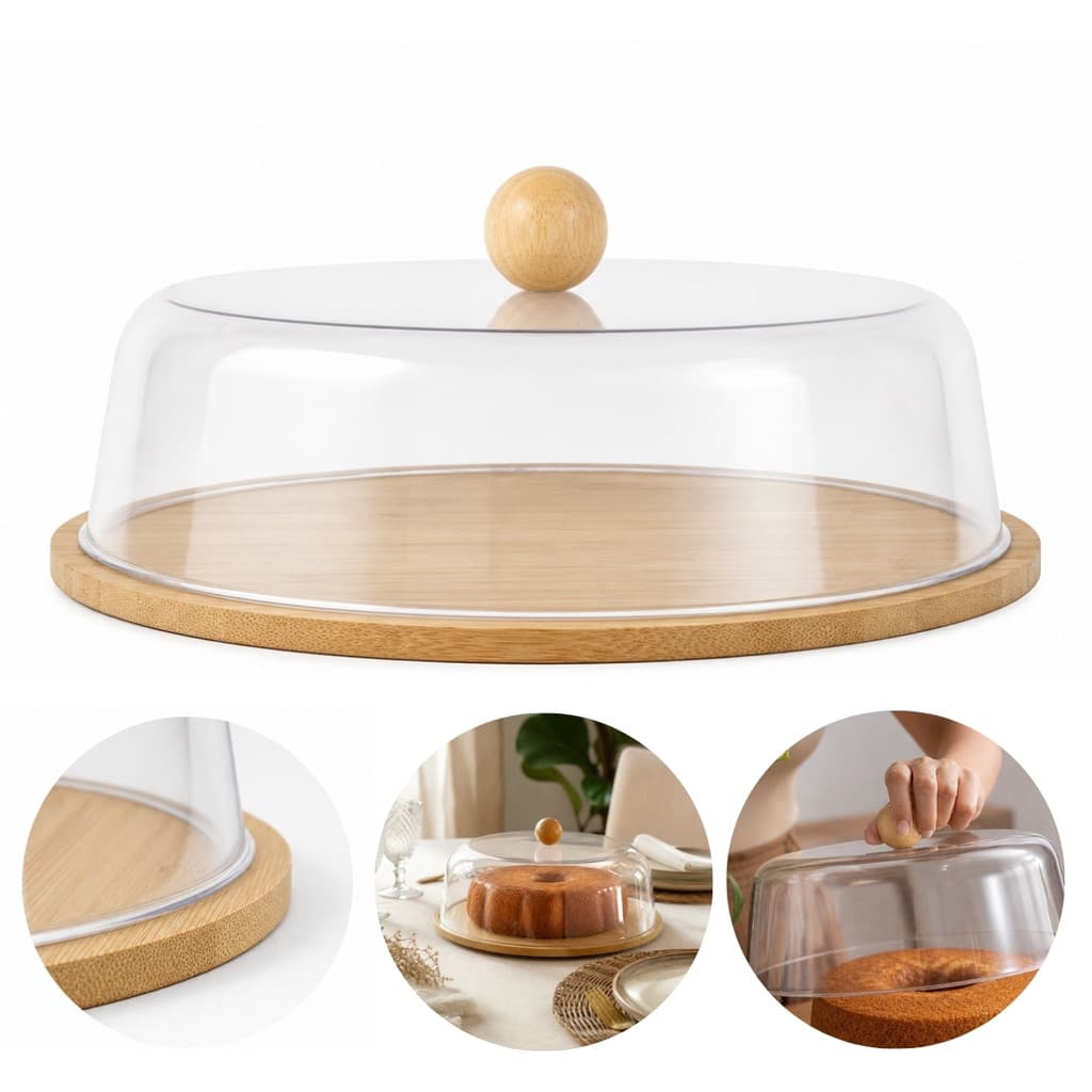 Boleira de Bambu 28 cm com Tampa Transparente e Pegador para Mesa Posta