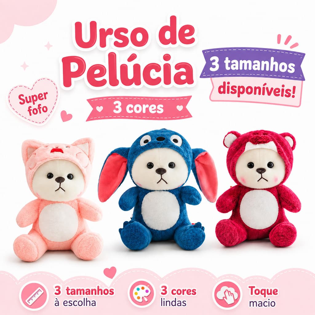 Lindo Urso de Pelúcia Fantasiado Fofo e Macio 3 Cores e 3 Tamanhos Presente Infantil para Crianças Quarto Sofá Decoração