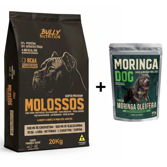 Ração Molossos Super Premium 20kg 32% Proteína Cães Adultos + Moringa Dog 60g