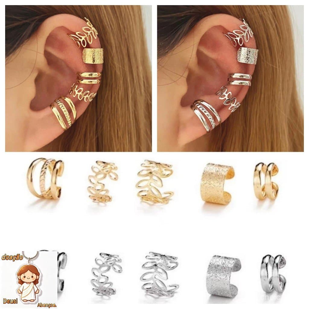 Conjunto de cinco peças de brincos ocos de folha de ouro personalizados, clipe de orelha em formato de C, sem piercing