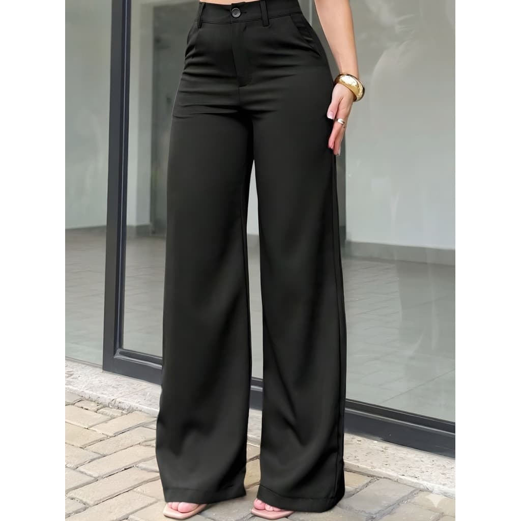 Calça Pantalona Wide Leg Alfaiataria Premium Com Bolso Cós Alto