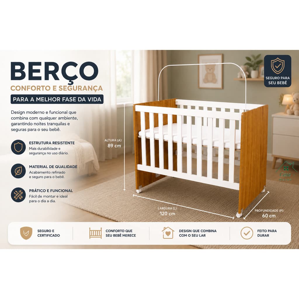 Berço Mini Cama de MDF com Colchão e Mosquiteiro Confortse 2 em 1 de BeBÊe