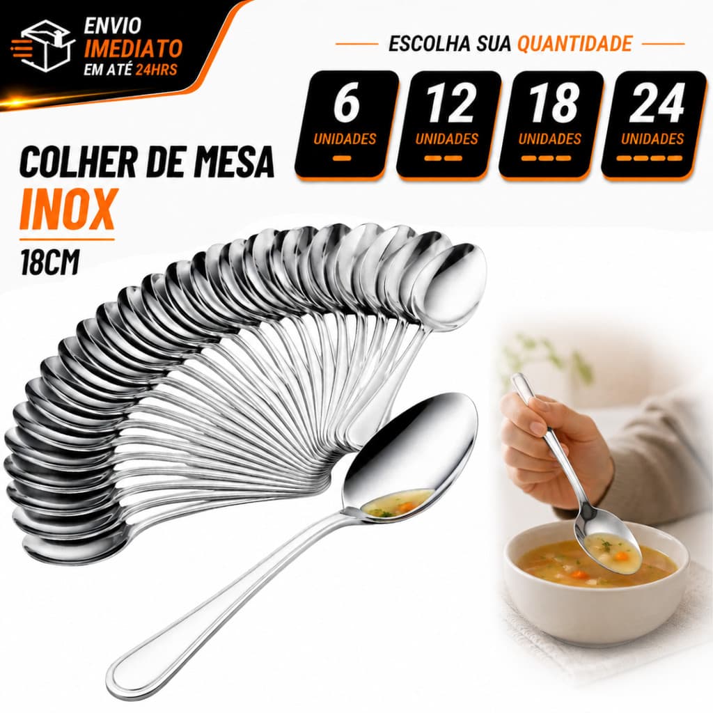 Kit Colher De Mesa Inox 6/12/18/24 Talheres Sopa Inox Buffet Cozinha Restaurante Lanchonete