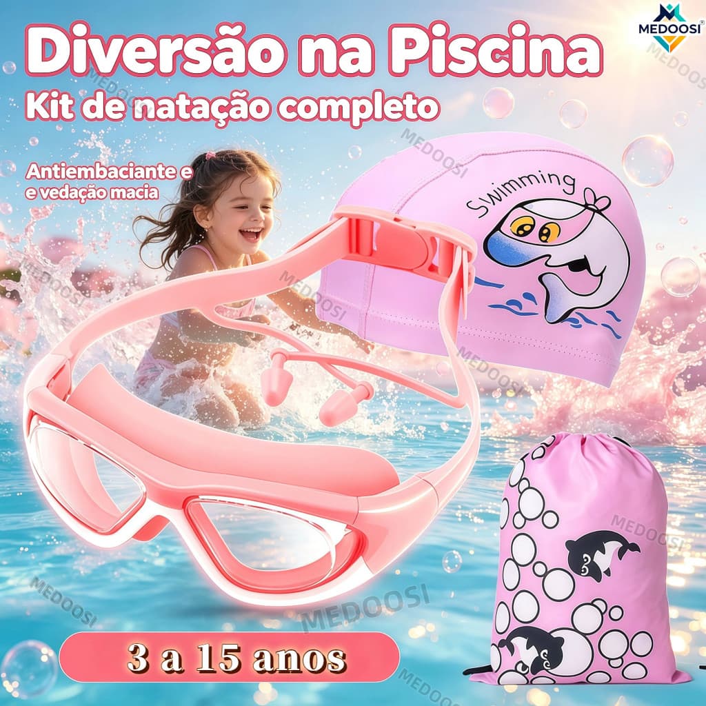 MEDOOSI 1 Conjunto Óculos Natação Kids Silicone | À Prova d'Água Antiembaçante + Touca + Tampões + Bolsa Armazenamento